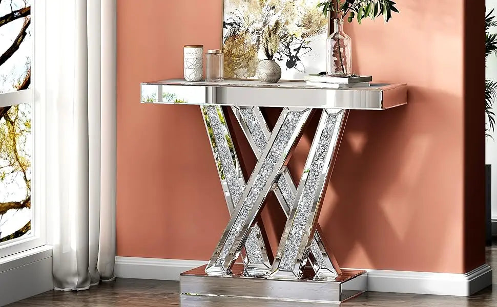 Modern Console Table Mirrored Finished, Glam Style W Silver Entryway Table Inlay with Sparkly Crushed Crystals, 35 inches Contem
