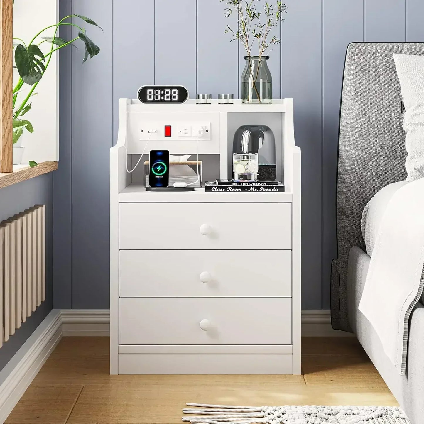 Nightstand with Hutch and Charging Station, Nightstands with 3 for Bedrooms Set of 2, Bedside Table Nightstand