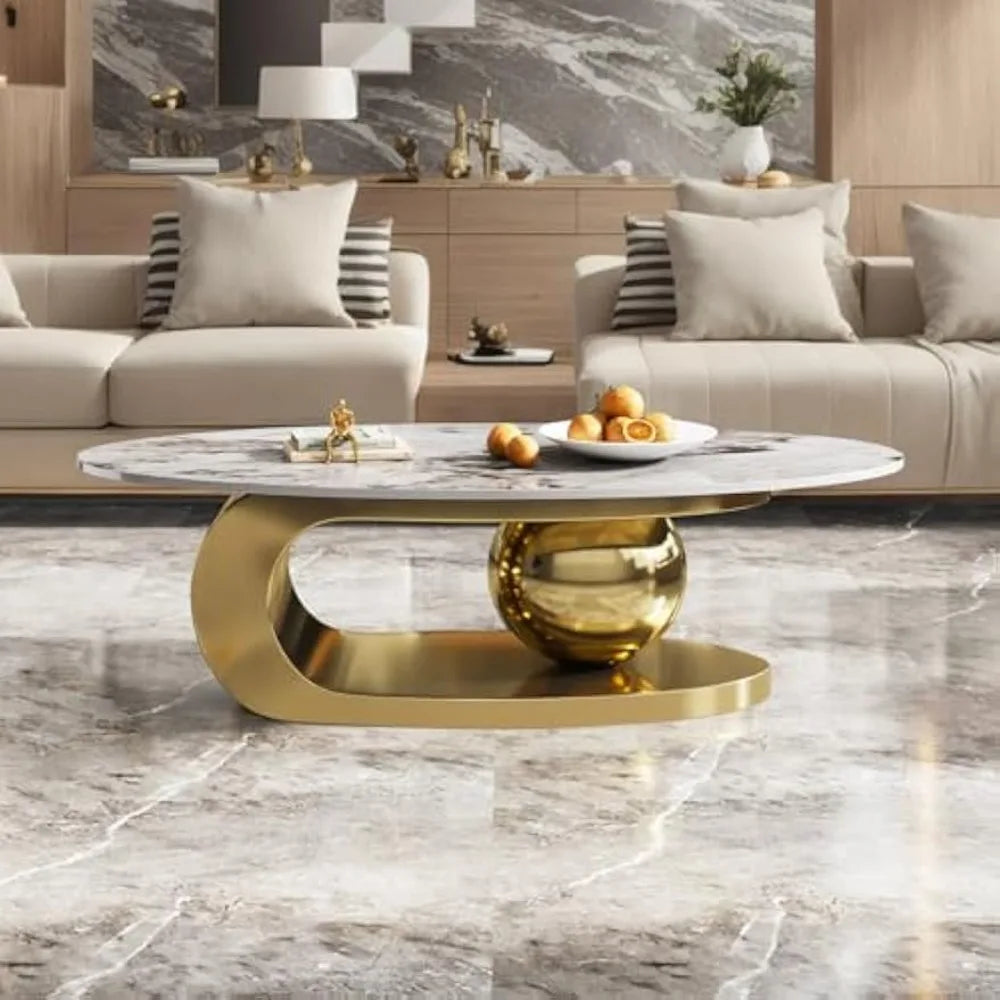 Oval Stone Coffee Table, Gold Metal Base Marble Coffee Table Center Table, Luxurious Gold and Stone Living Room Table
