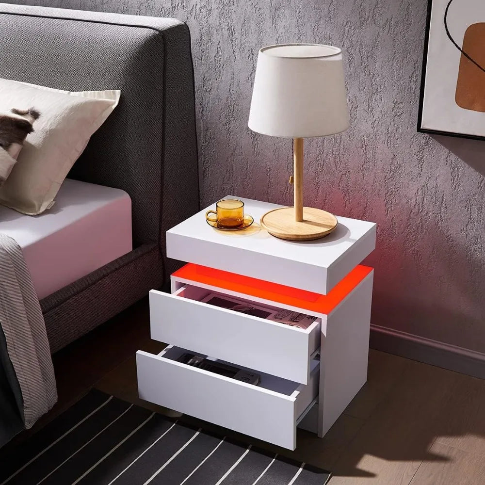 Nightstand Set of 2 LED Nightstand with 2 Drawers,Bedside Table with Drawers for Bedroom Furniture,Side Bed Table , White