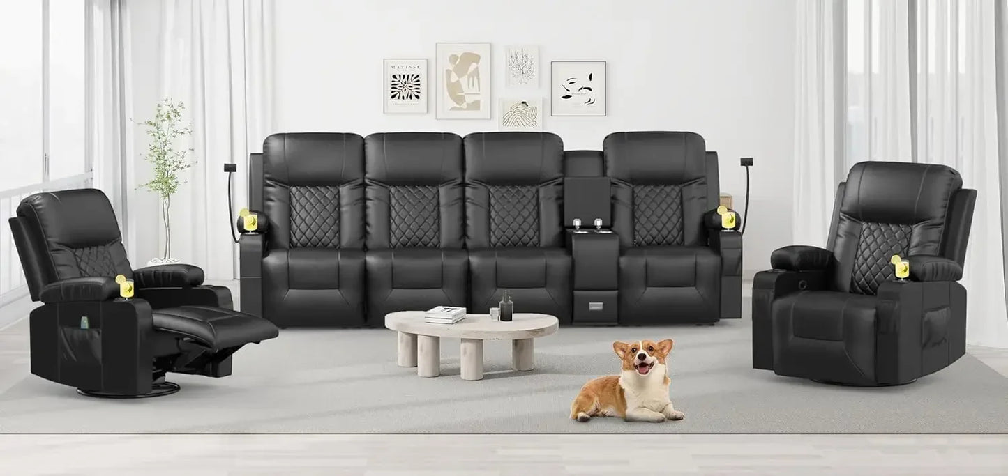 Living Room Sofa Set, 3 Seat Reclining Sofa and 2PC 360° Swivel Recliner Chair with Heat and Massage for Living Room Sofa