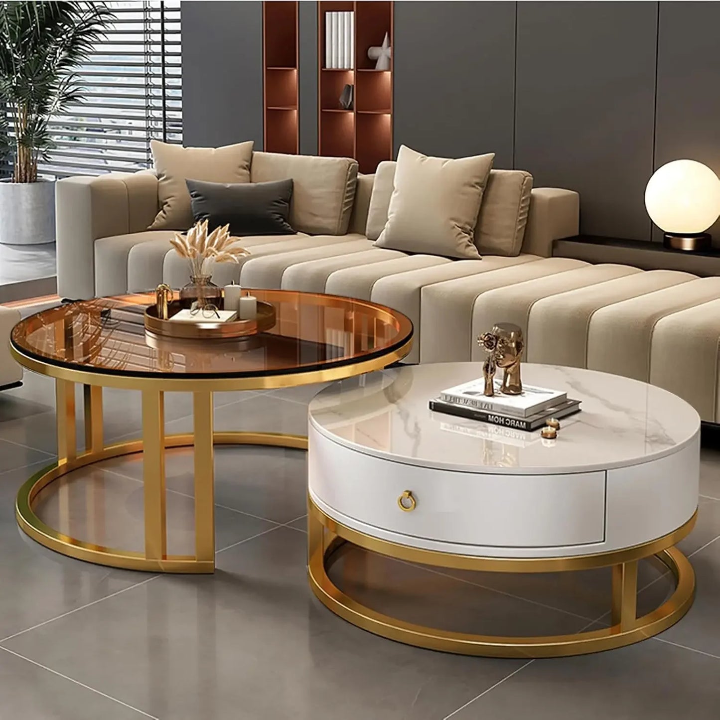 Modern Nesting Coffee Table with drawer,round,soild wood tabletop,metal frame,simple Sliding design tea table for Living Room