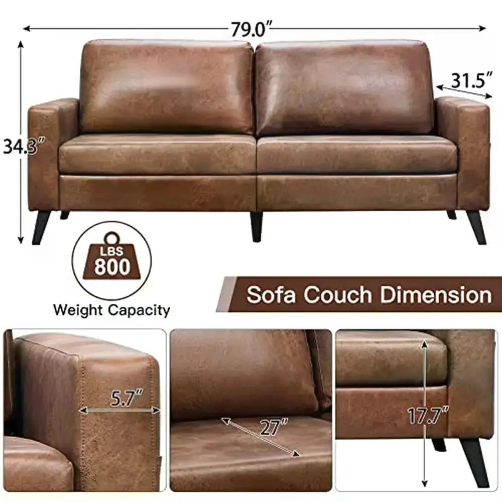 Mid-Century Modern Brown Faux Leather Sofa 79" Comfy Couch Spacious Seat Easy Assembly Durable PU Leather Loveseat Living Room
