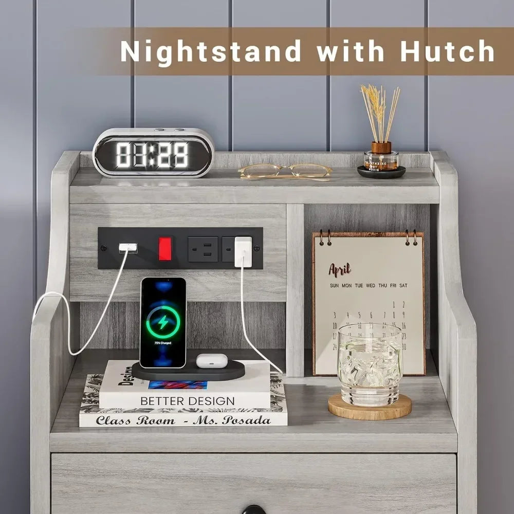 Nightstand with Hutch and Charging Station, Nightstands with 3 for Bedrooms Set of 2, Bedside Table Nightstand