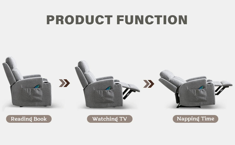 Home Manual Recliner Chair with Massage and Heat for Living Room Overstuffed Breathable Fabric Reclining Chair with 2 Side Pocke
