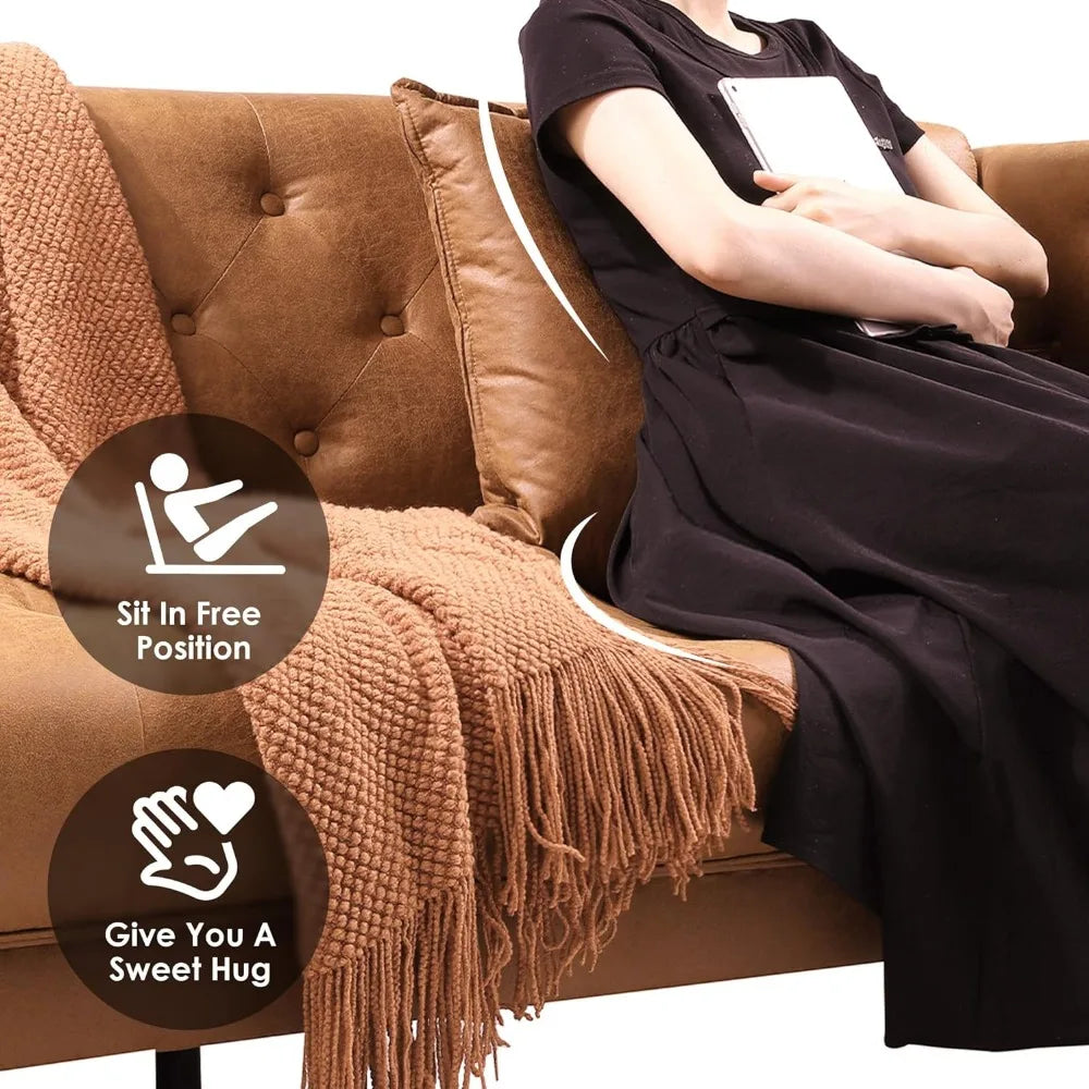 Modern Sofa Couch for Living Room, 3 Seater Sofa with Deep Seats and 2 Pillows, Handmade Button Tufted Leather Couch