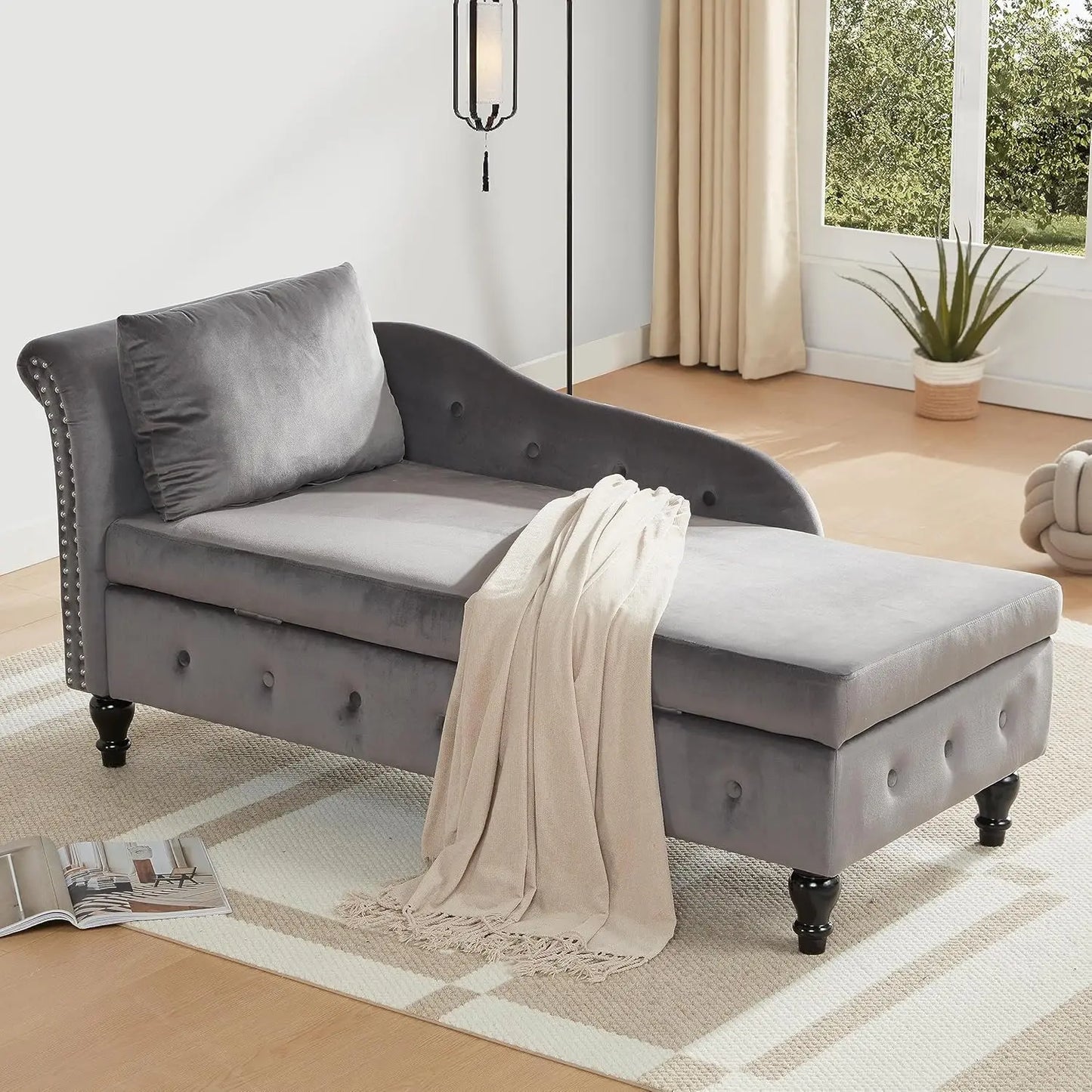 Lounge Indoor with Storage, Upholstered Chaise Lounges Couch with Pillow for Living Room, Bedroom and Office, Modern Nail