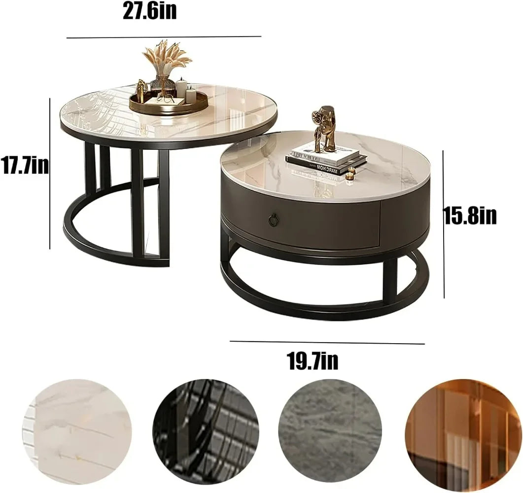 Modern Nesting Coffee Table with drawer,round,soild wood tabletop,metal frame,simple Sliding design tea table for Living Room