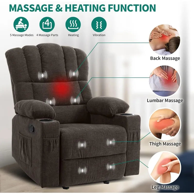 Glider Rocker Recliner Chair with Massage and Heat, Fabric Recliner Chair,Manual Rocking Recliner Chair with 2 Cup Holders