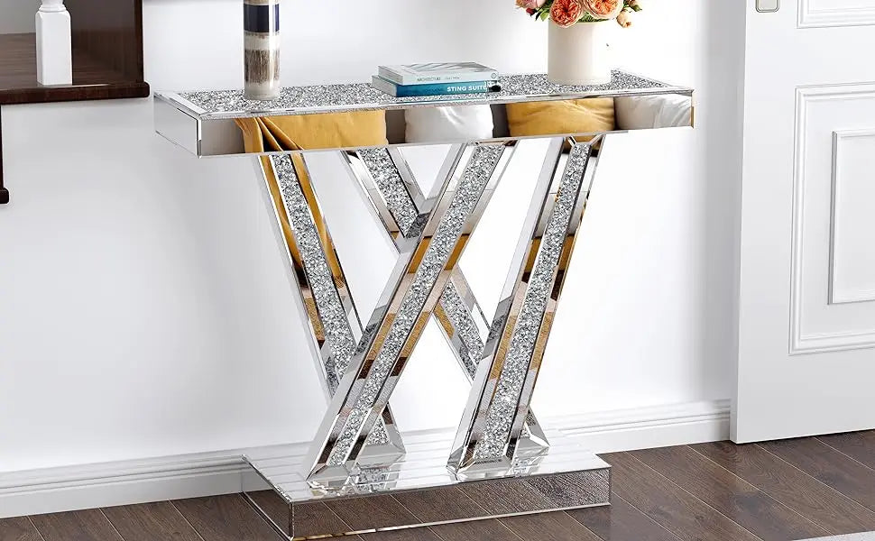Modern Console Table Mirrored Finished, Glam Style W Silver Entryway Table Inlay with Sparkly Crushed Crystals, 35 inches Contem