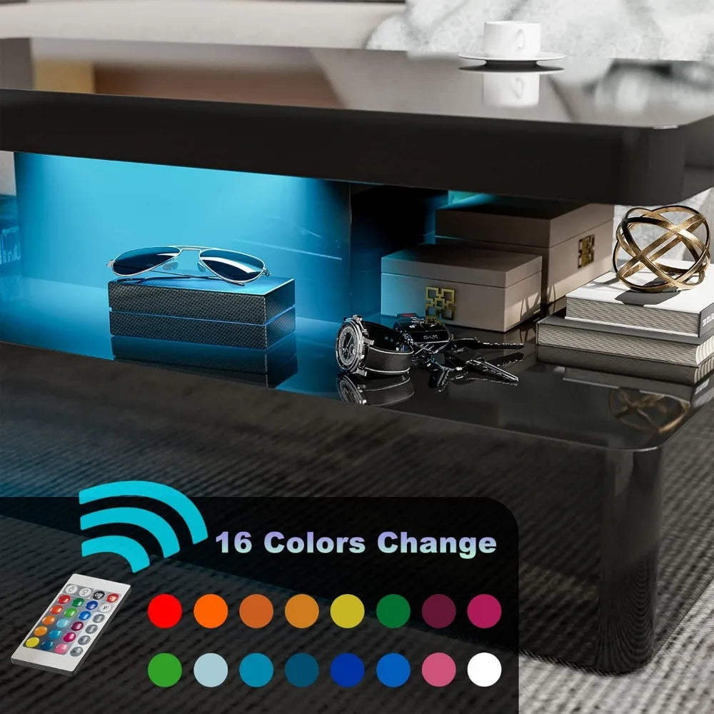 LED High Glossy Coffee Table, Modern Coffee Table for Living Room,2 Tiers Rectangle Design Table with 16 Colors LED Lights Black