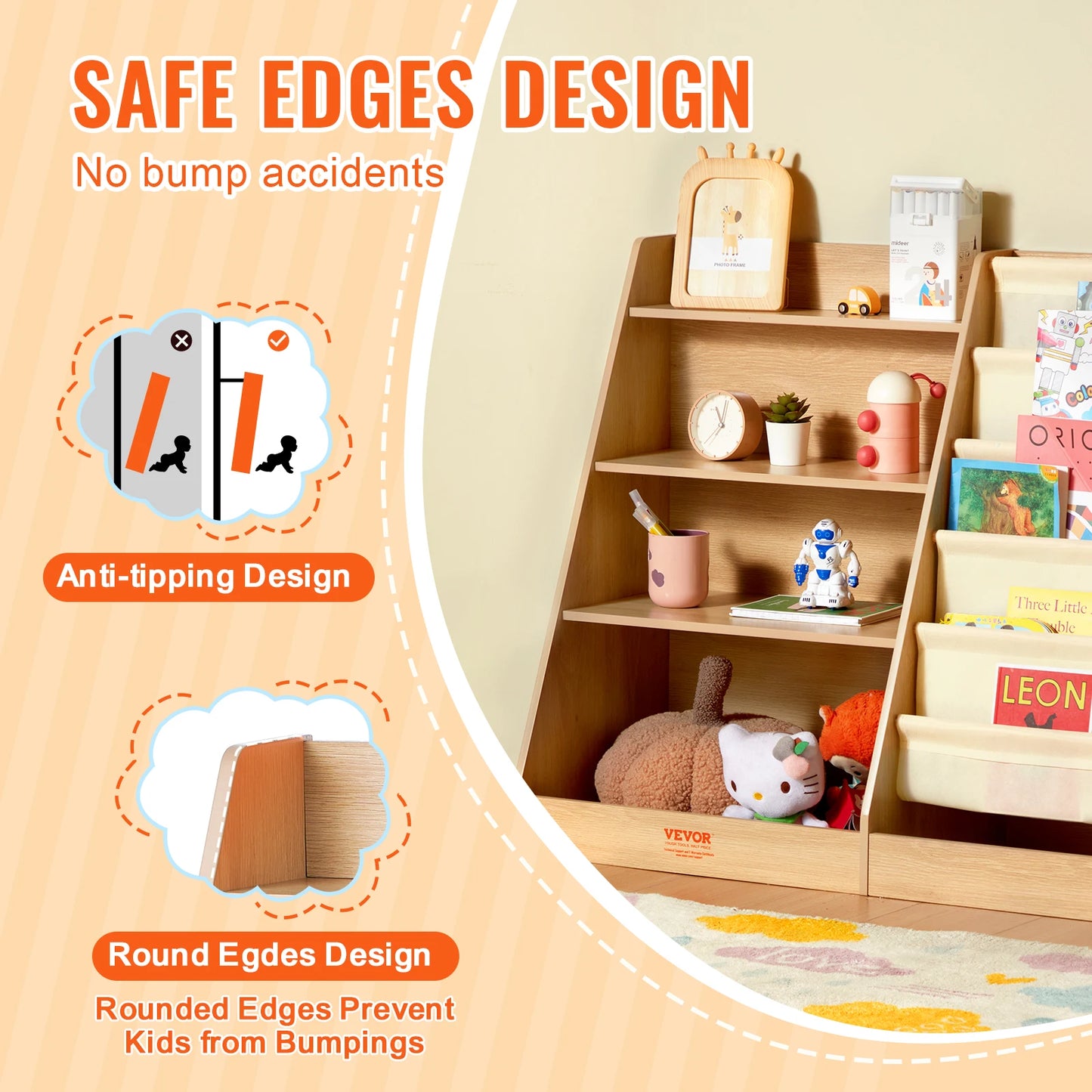VEVOR 4-Tier Kids Wooden Bookshelf Six-Layer Sling Bookcase Baby Storage Book Rack for Kids Room Playroom Kindergarten Nursery