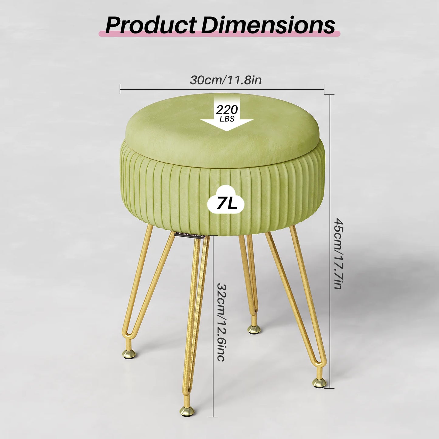 Redlife Velvet Vanity Stool Chair with Storage Multifunctional Makeup Chair Footrest with Anti-Slip Feet for Living Room Bedroom