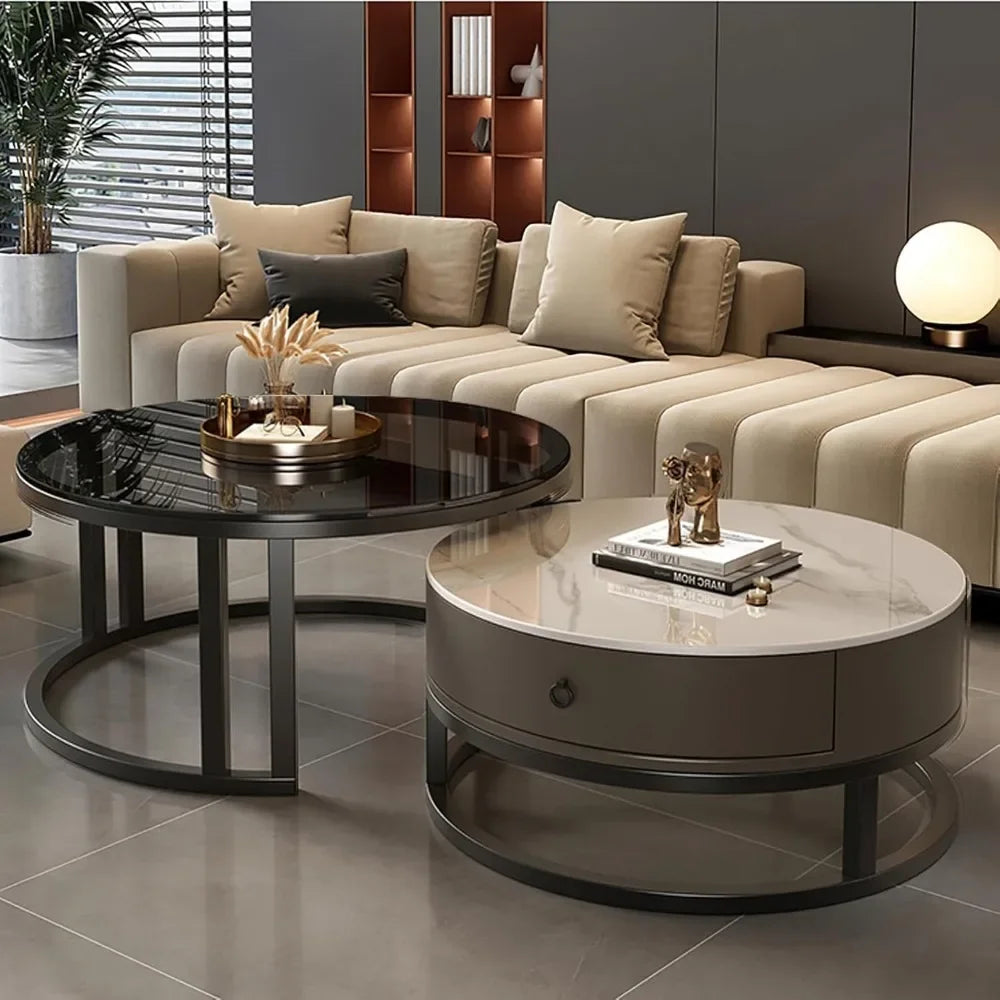 Modern Nesting Coffee Table with drawer,round,soild wood tabletop,metal frame,simple Sliding design tea table for Living Room