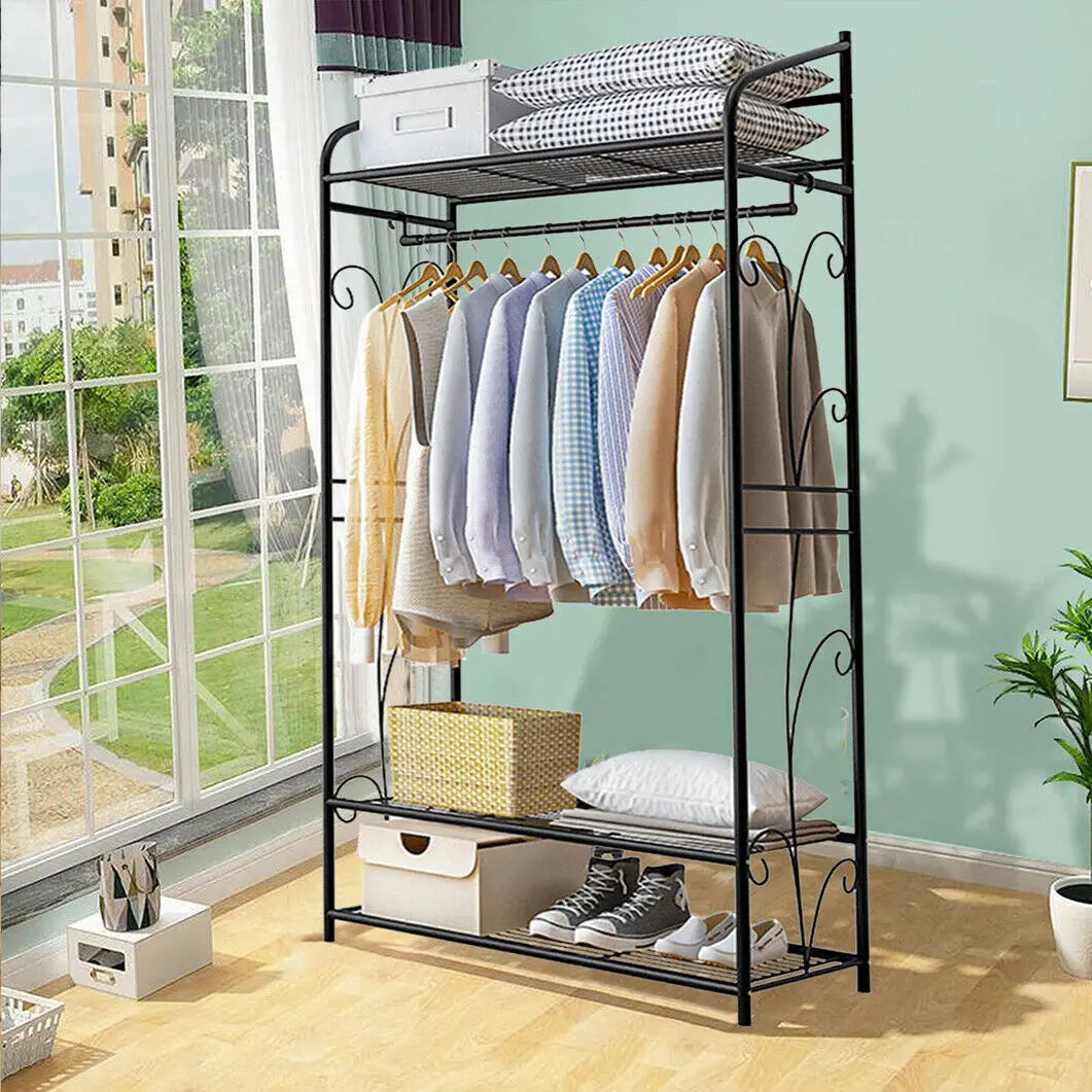 Heavy Duty Clothes Rail Clothes Rack Black Metal Garment Rack Stand for Bedroom with Storage Shelves 2 Shelf Shoe Rack