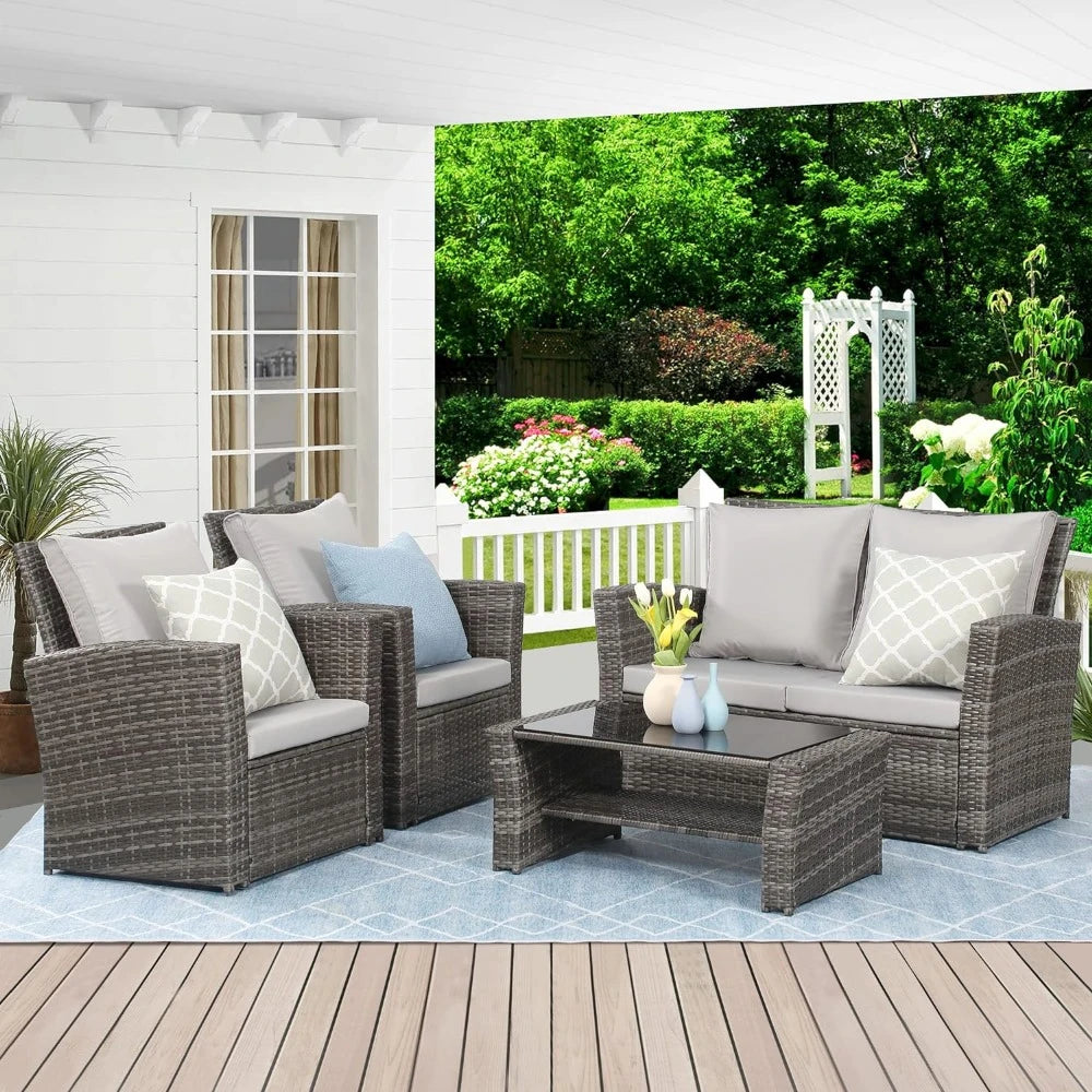 4 Piece Outdoor Patio Furniture Sets, Wicker Conversation Set, Gray Rattan Sofa Chair with Cushion, Garden Furniture Set