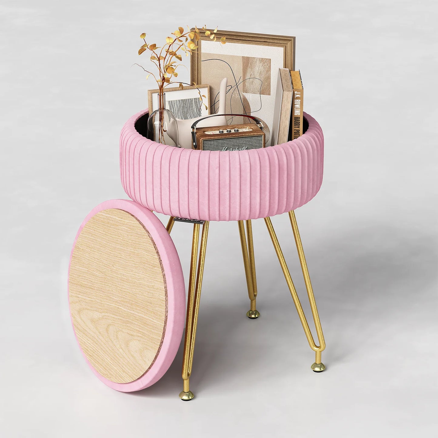 Redlife Velvet Vanity Stool Chair with Storage Multifunctional Makeup Chair Footrest with Anti-Slip Feet for Living Room Bedroom