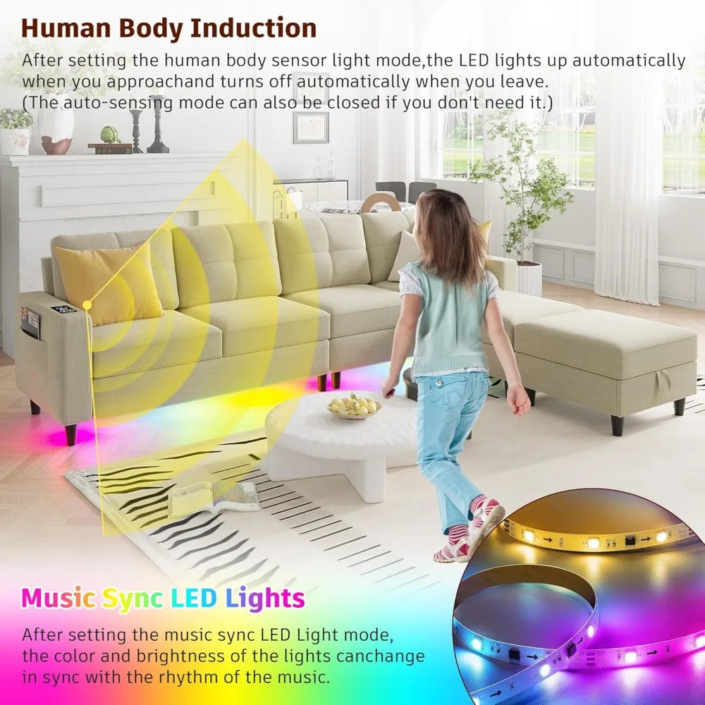 LED Sectional Couches for Living Room, Modular Sectional Sofa Set with Storage Ottomans, Oversized U Shaped Sofa Couch with Auto