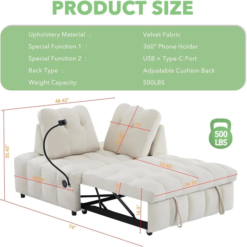 Twin Pull Out Sofa Bed with USB Port,Velvet Upholstery Couch, Chaise Lounge,Convertible Sleeper Sofa Bed