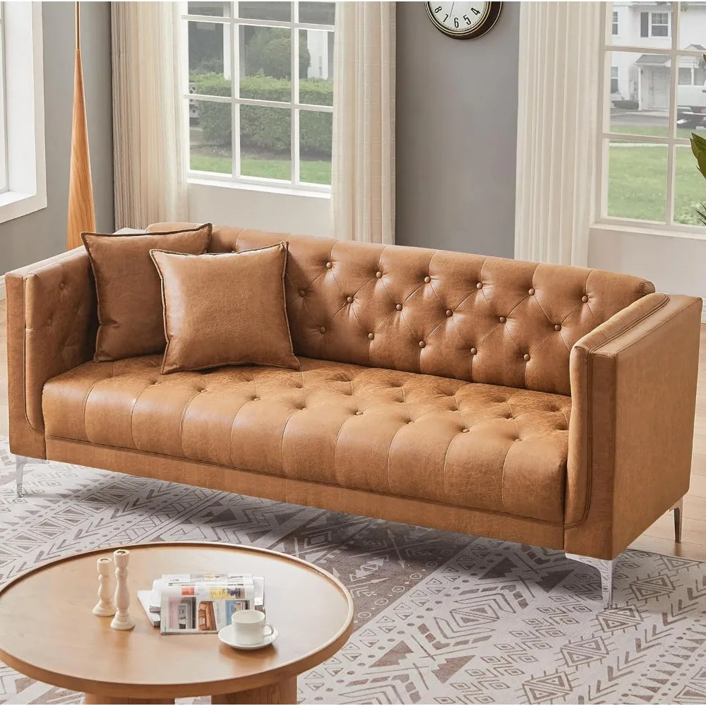 Modern Sofa Couch for Living Room, 3 Seater Sofa with Deep Seats and 2 Pillows, Handmade Button Tufted Leather Couch
