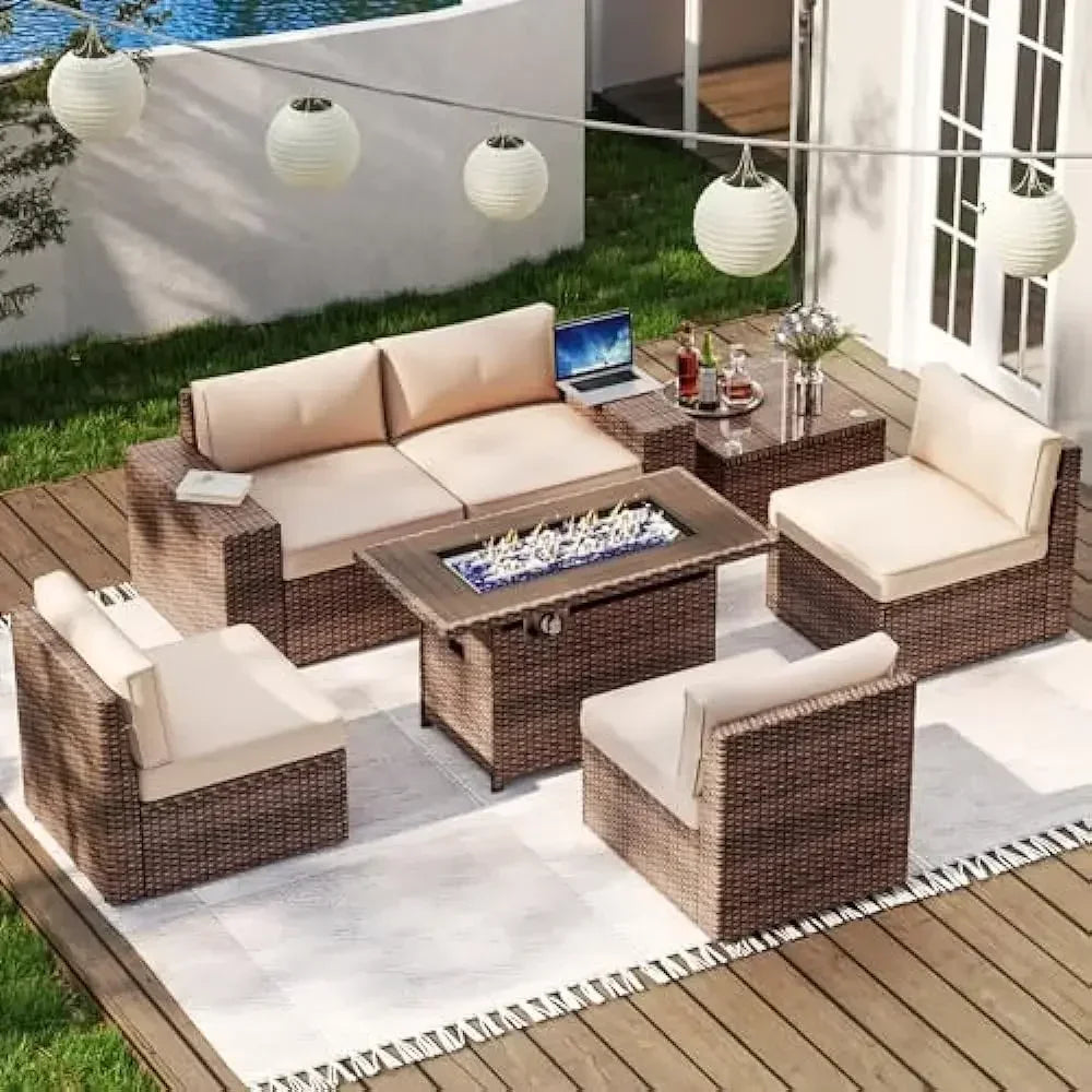 Outdoor Patio Furniture 7 Piec Set with 44” Fire Pit Table & Include Waterproof Cover with Cushions, Outdoor Furniture Set