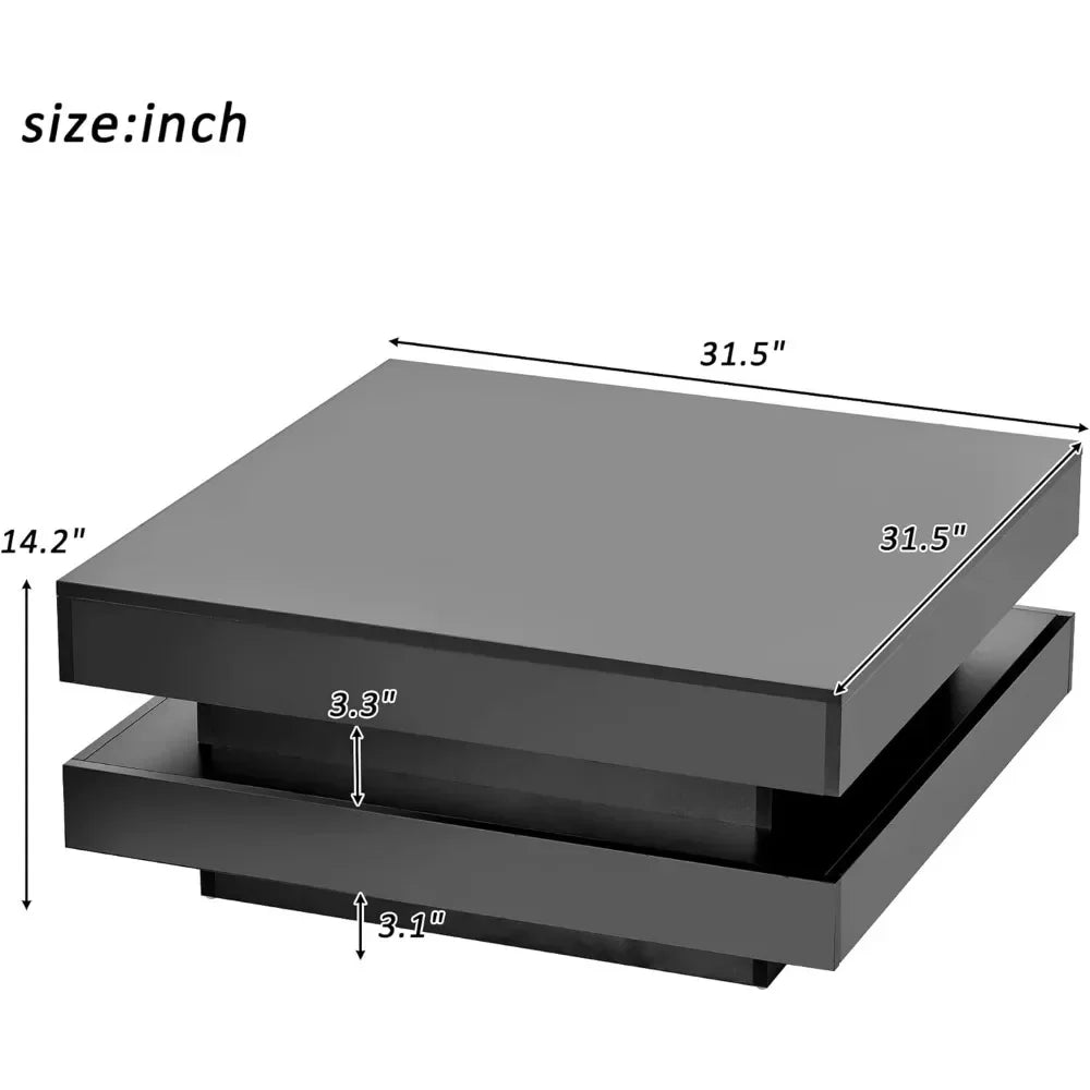 Coffee Table Modern Minimalist Design High Gloss 31.5 Inch 2 Tier Square with Plug-In 16 Color LED Lights Café Tables