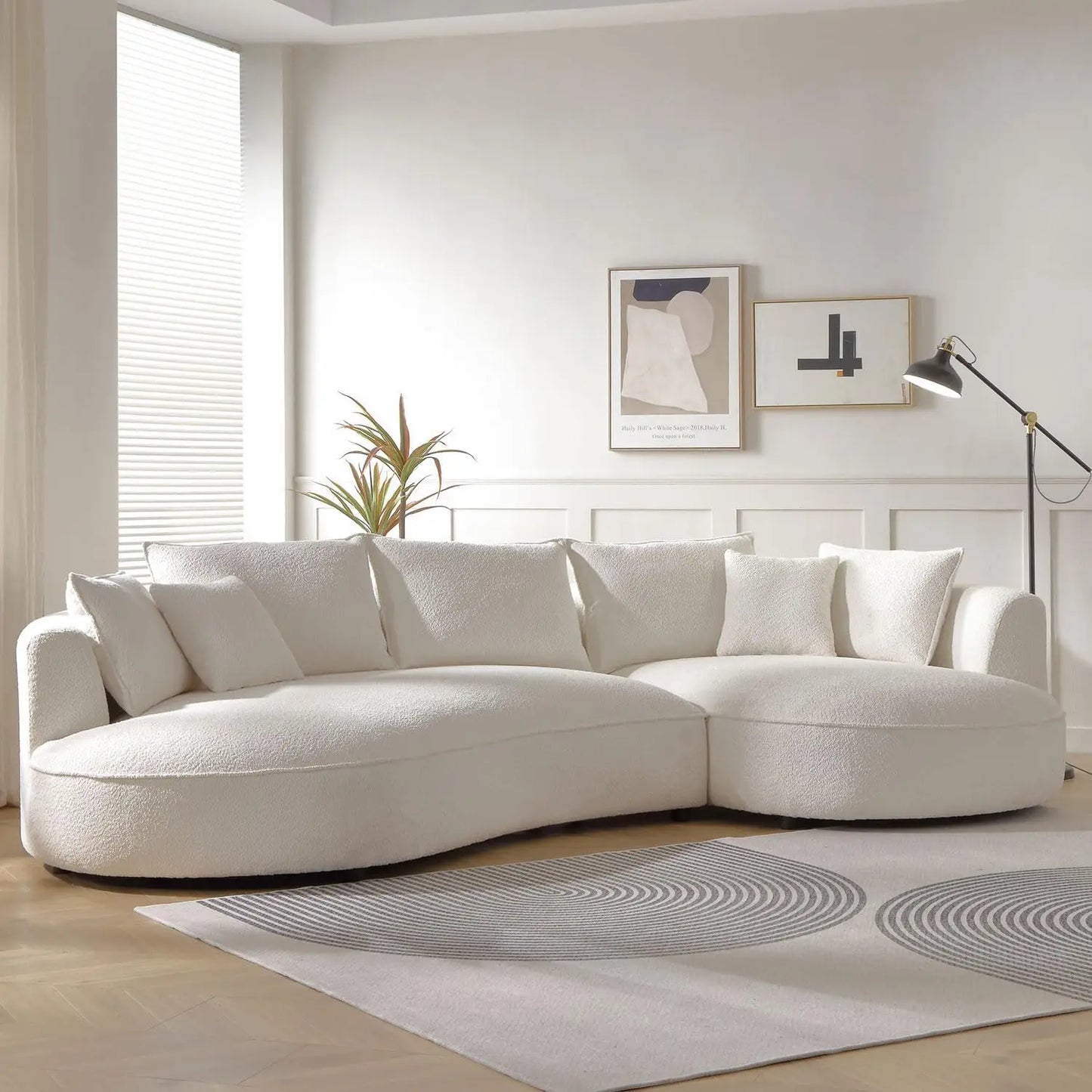 124.8" Modern Curved Sofa Couch, Upholstery Boucle Sofa Couch with Pillows, Right Hand Facing Sectional Boucle Fabric Couch
