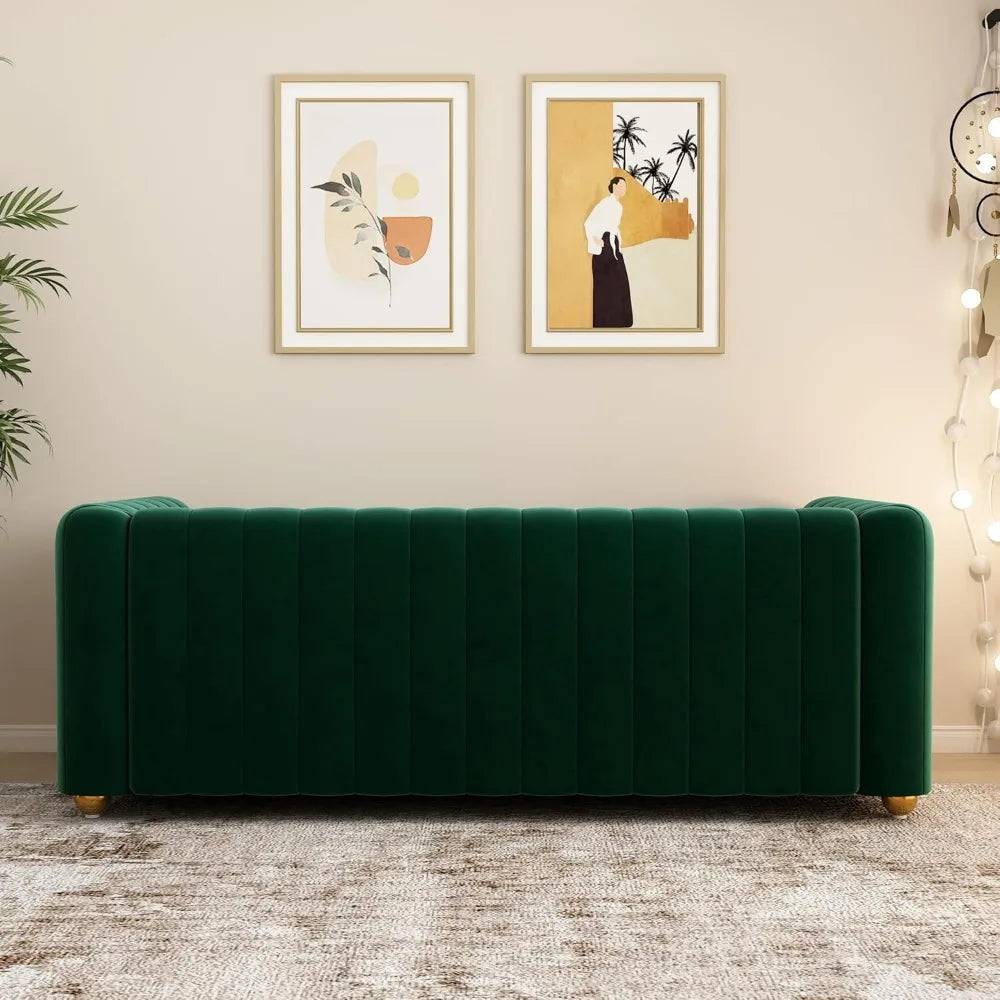 Green Velvet Couch, 81.3 Wide Modern Couch Small Spaces LoveSeat with Gold Leg, Comfy 3 Seat Extra Deep Sofas for Living Room