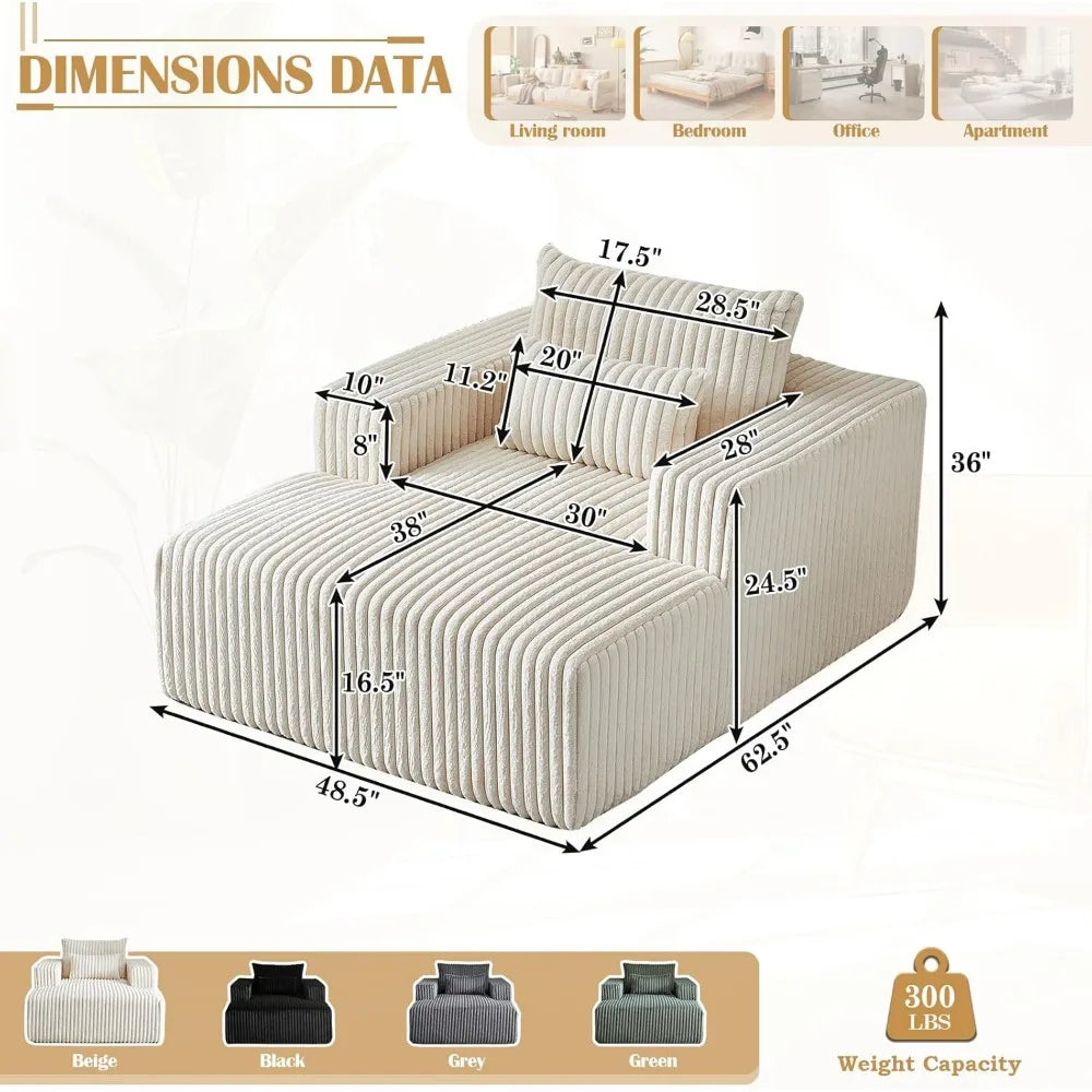 Oversized Chaise Lounge Chair Indoor,48.5" Upholstered Plush Corduroy Sofa W Armrests&Pillows,Comfy Lounge Sofa Deep Seat Sofa