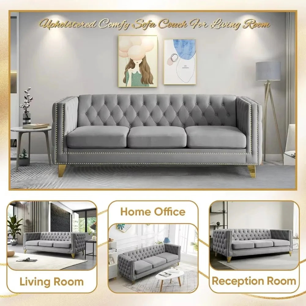 Velvet 3-seater sofa, comfortable living room sofa with tufted back and stud trim, padded couch, solid gold metal tapered legs