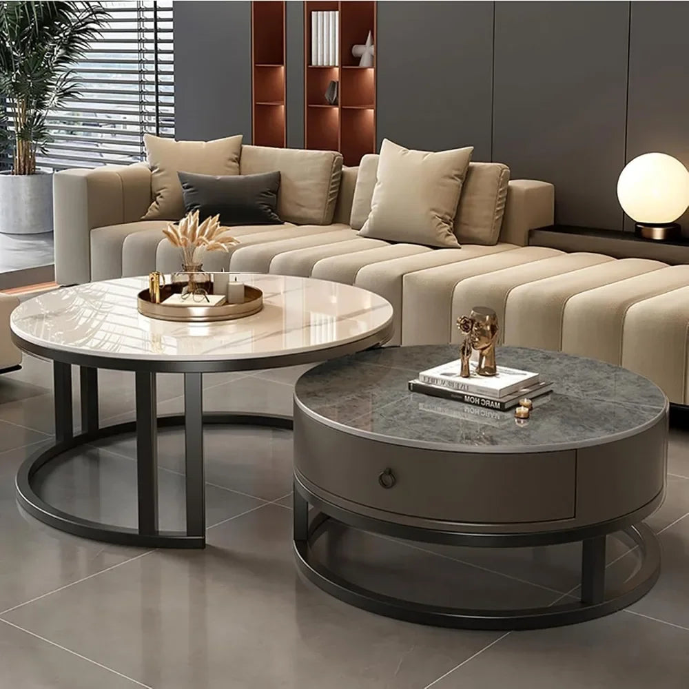 Modern Nesting Coffee Table with drawer,round,soild wood tabletop,metal frame,simple Sliding design tea table for Living Room