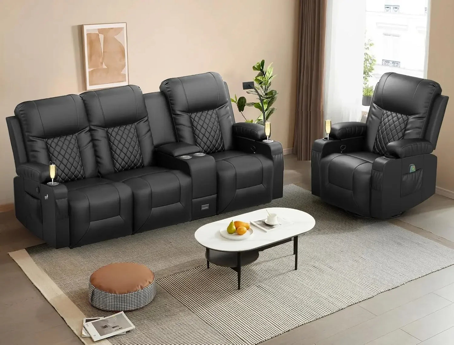Living Room Sofa Set, 3 Seat Reclining Sofa and 2PC 360° Swivel Recliner Chair with Heat and Massage for Living Room Sofa