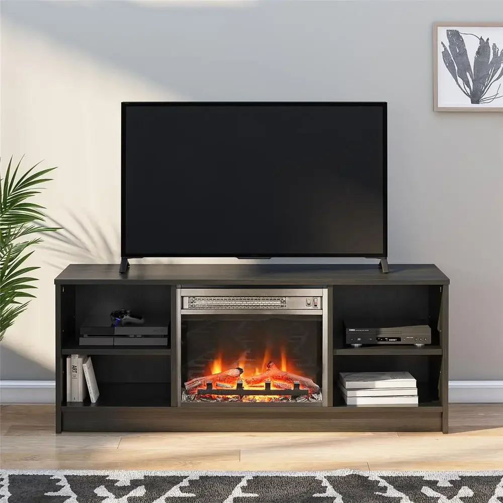 Electric Fireplace TV Stand Black Oak Media Storage Console Heater LED Flames Adjustable Shelves 55" TV 47.44"x15.67"x18.58" H