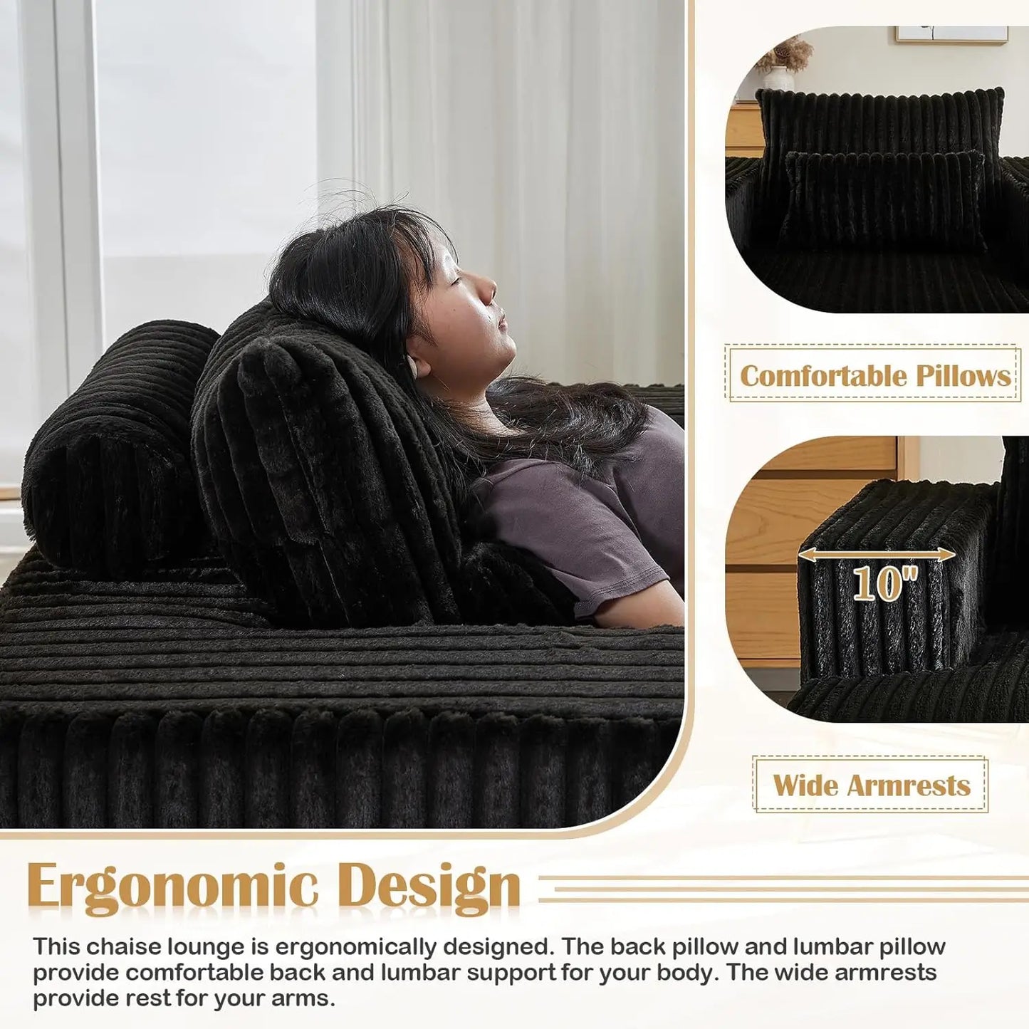 Oversized Chaise Lounge Chair Indoor,48.5" Upholstered Plush Corduroy Sofa W Armrests&Pillows,Comfy Lounge Sofa Deep Seat Sofa