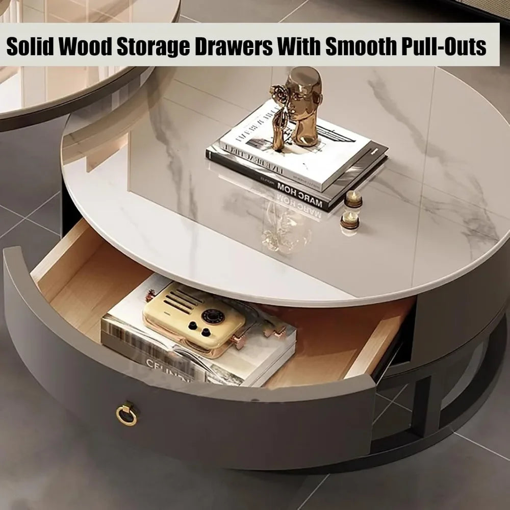 Modern Nesting Coffee Table with drawer,round,soild wood tabletop,metal frame,simple Sliding design tea table for Living Room