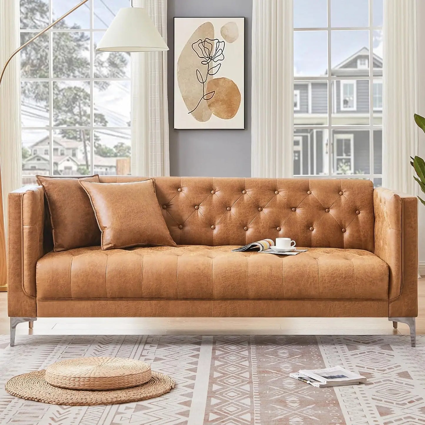 Modern Sofa Couch for Living Room, 3 Seater Sofa with Deep Seats and 2 Pillows, Handmade Button Tufted Leather Couch