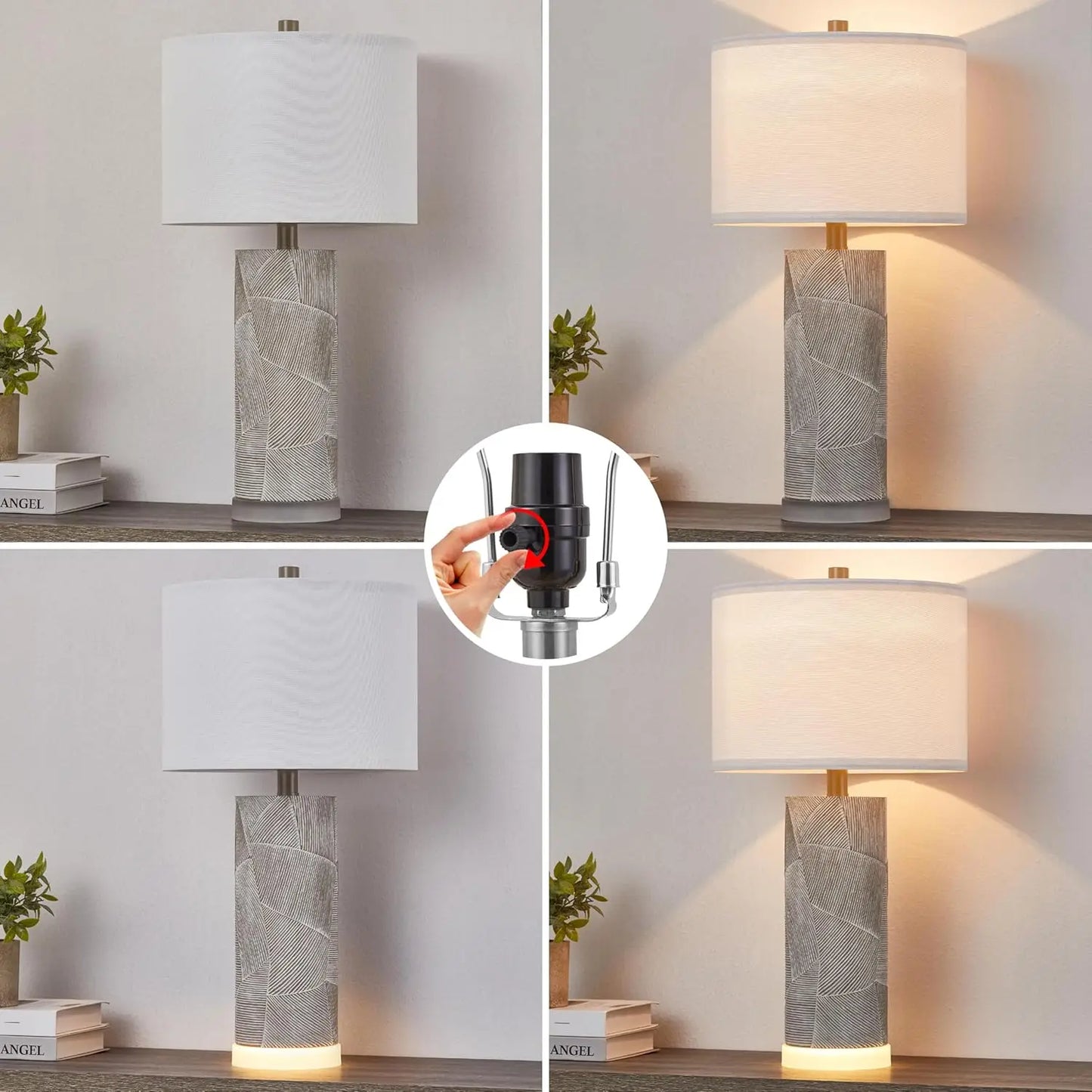 23.25 Table Lamps for Living Room Set of 2 Distressed Gray Table Lamps with Luminous LED Base Bedside Table Lamps for Bedroo