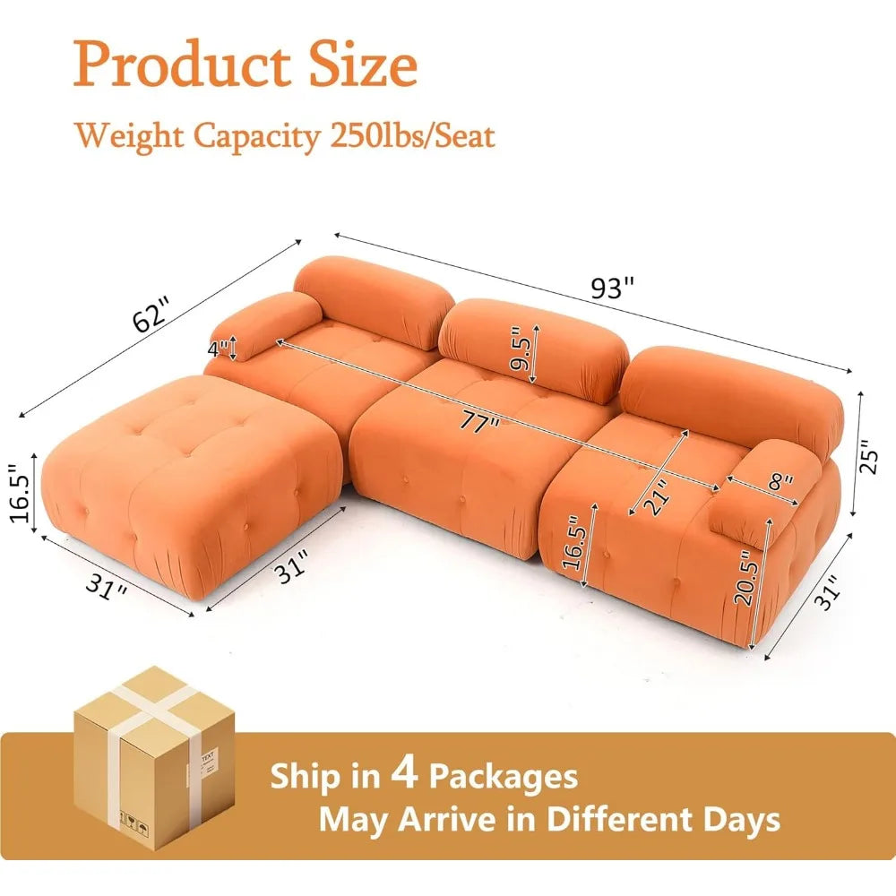 Modular Sectional Sofa,93"Green Velvet Sectional Cloud Couches for Living Room,Modern L-Shaped Sofa for Bedroom Apartment Office
