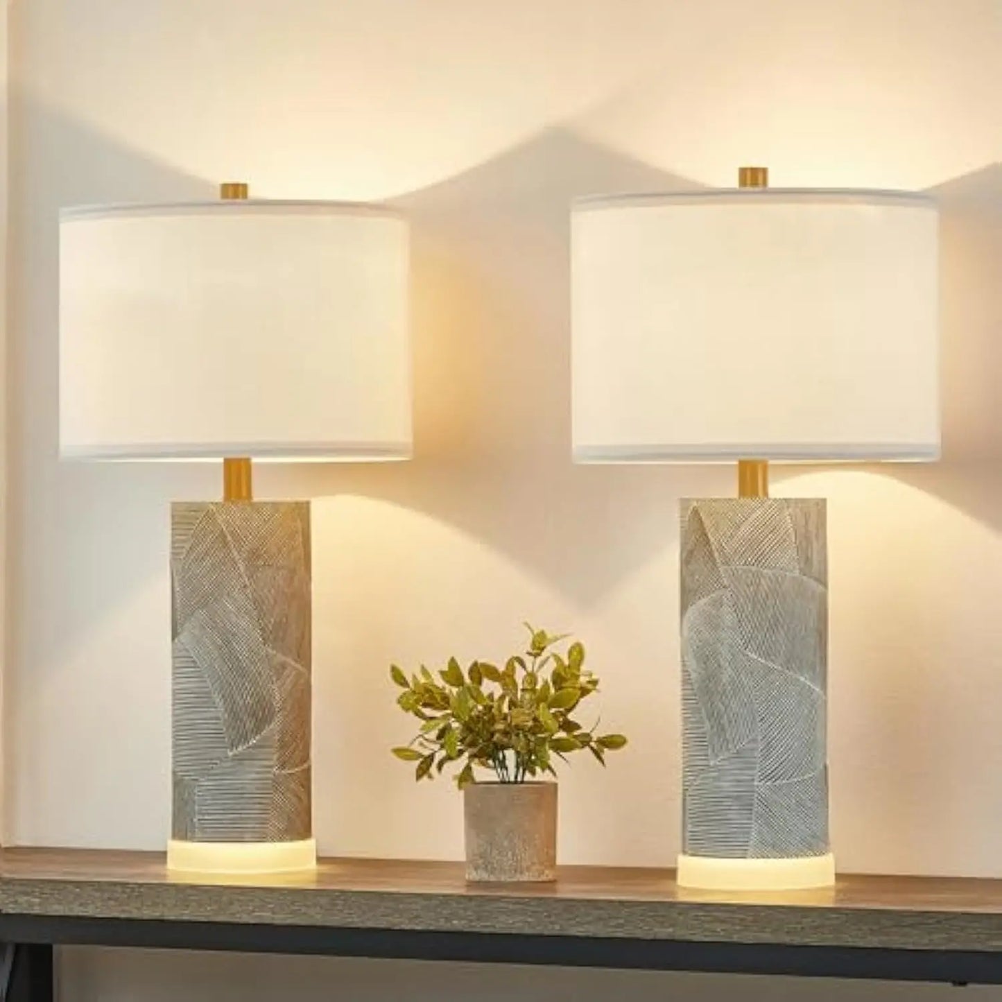 23.25 Table Lamps for Living Room Set of 2 Distressed Gray Table Lamps with Luminous LED Base Bedside Table Lamps for Bedroo