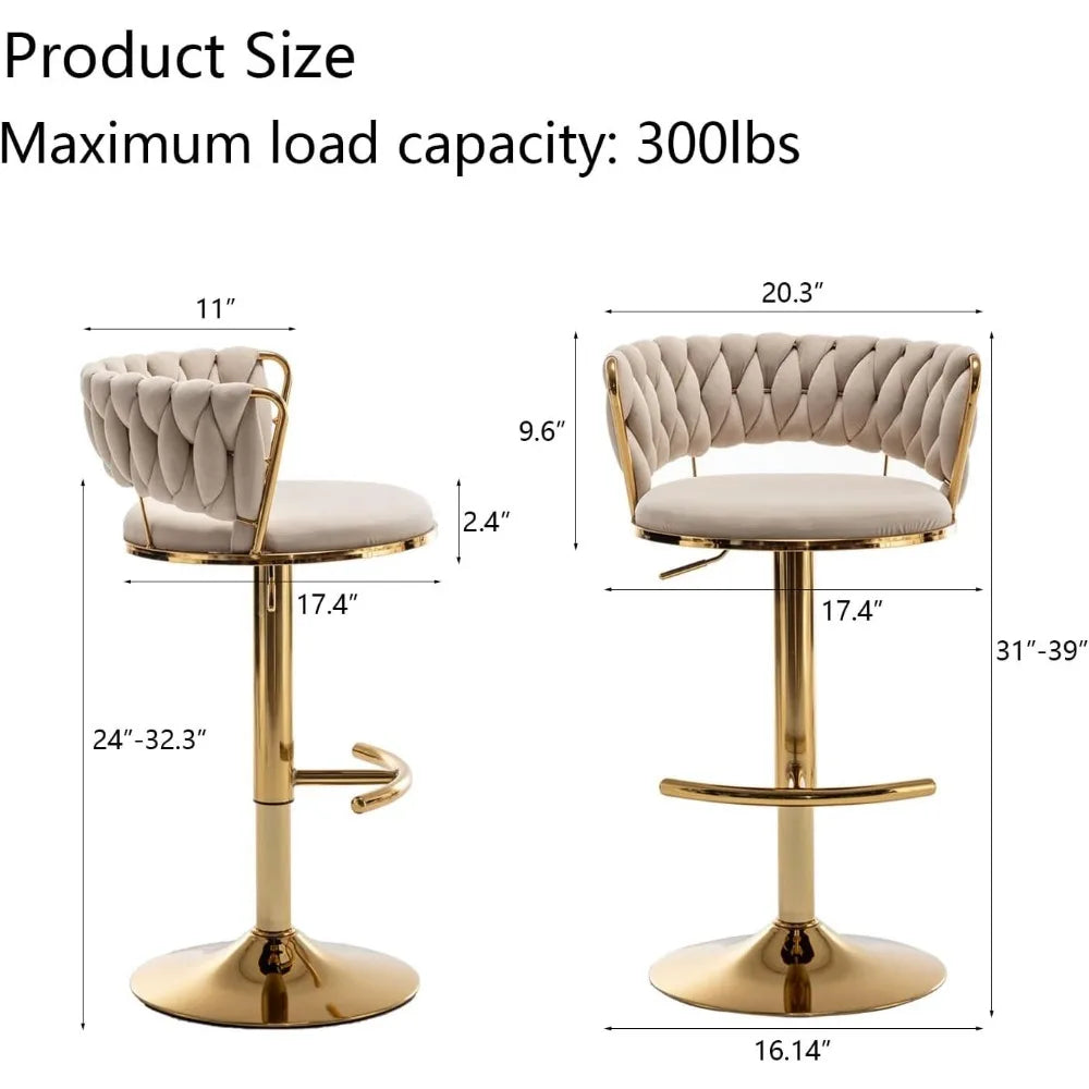 Gold Velvet Bar Stools Set of 4, Counter Height Bar Stools with Low Back, Swivel Stool for Kitchen Island, Bar Pub (Beige)