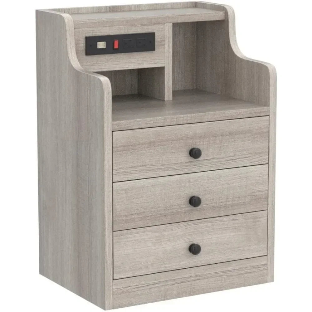 Nightstand with Hutch and Charging Station, Nightstands with 3 for Bedrooms Set of 2, Bedside Table Nightstand