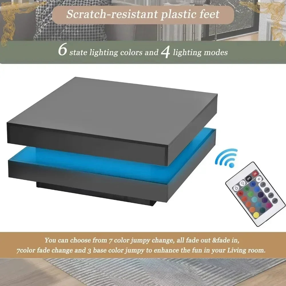 Coffee Table Modern Minimalist Design High Gloss 31.5 Inch 2 Tier Square with Plug-In 16 Color LED Lights Café Tables