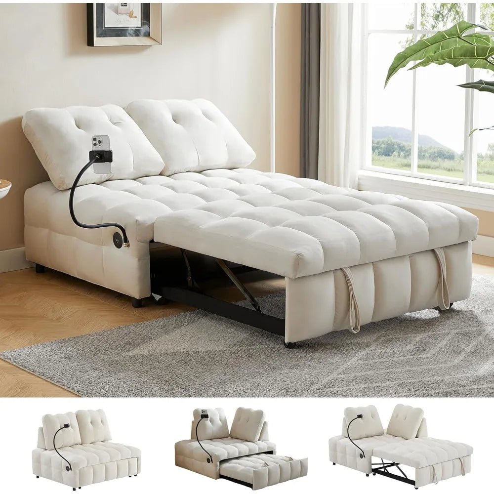 Twin Pull Out Sofa Bed with USB Port,Velvet Upholstery Couch, Chaise Lounge,Convertible Sleeper Sofa Bed