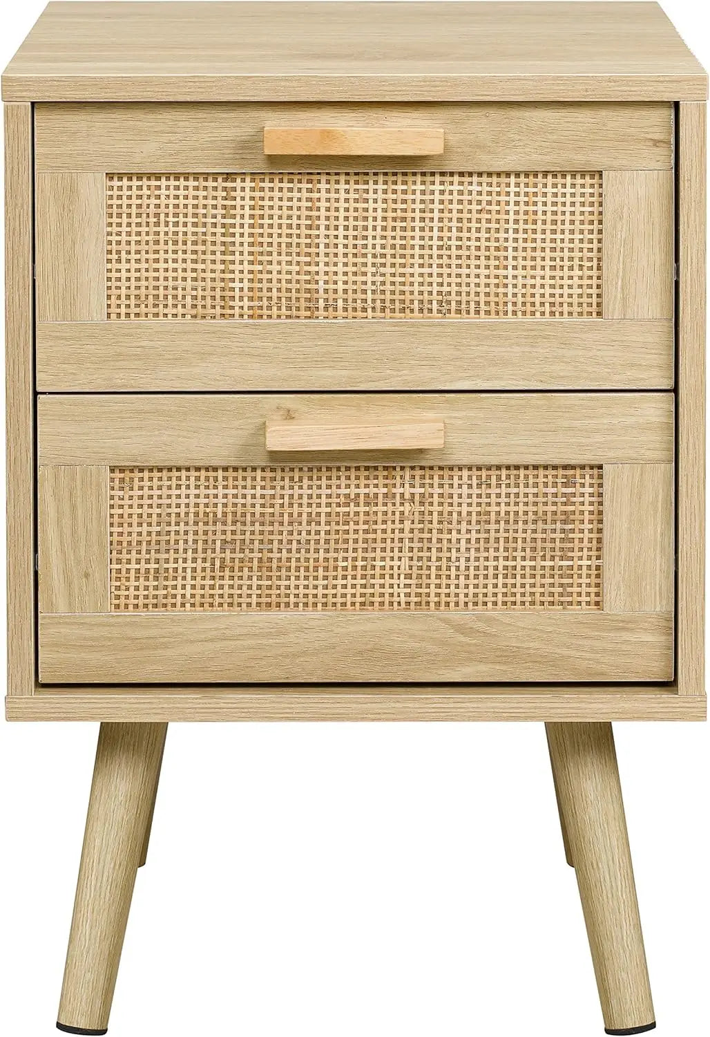 Night Stand Set of 2, Nightstand with 2 Hand Made Rattan Decorated Drawers, Wood Accent Table with Storage for Bedroom, Natural