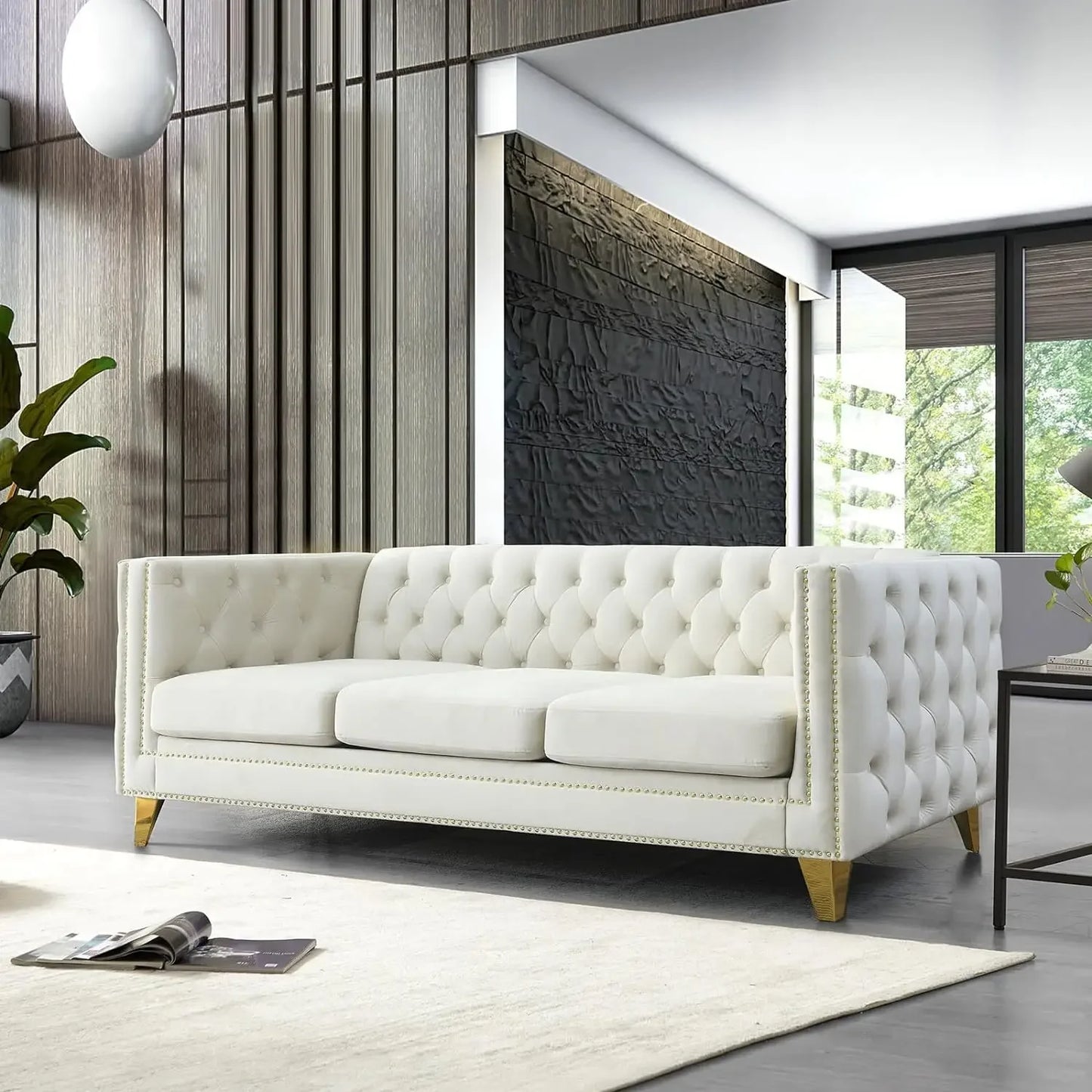 Velvet 3-seater sofa, comfortable living room sofa with tufted back and stud trim, padded couch, solid gold metal tapered legs