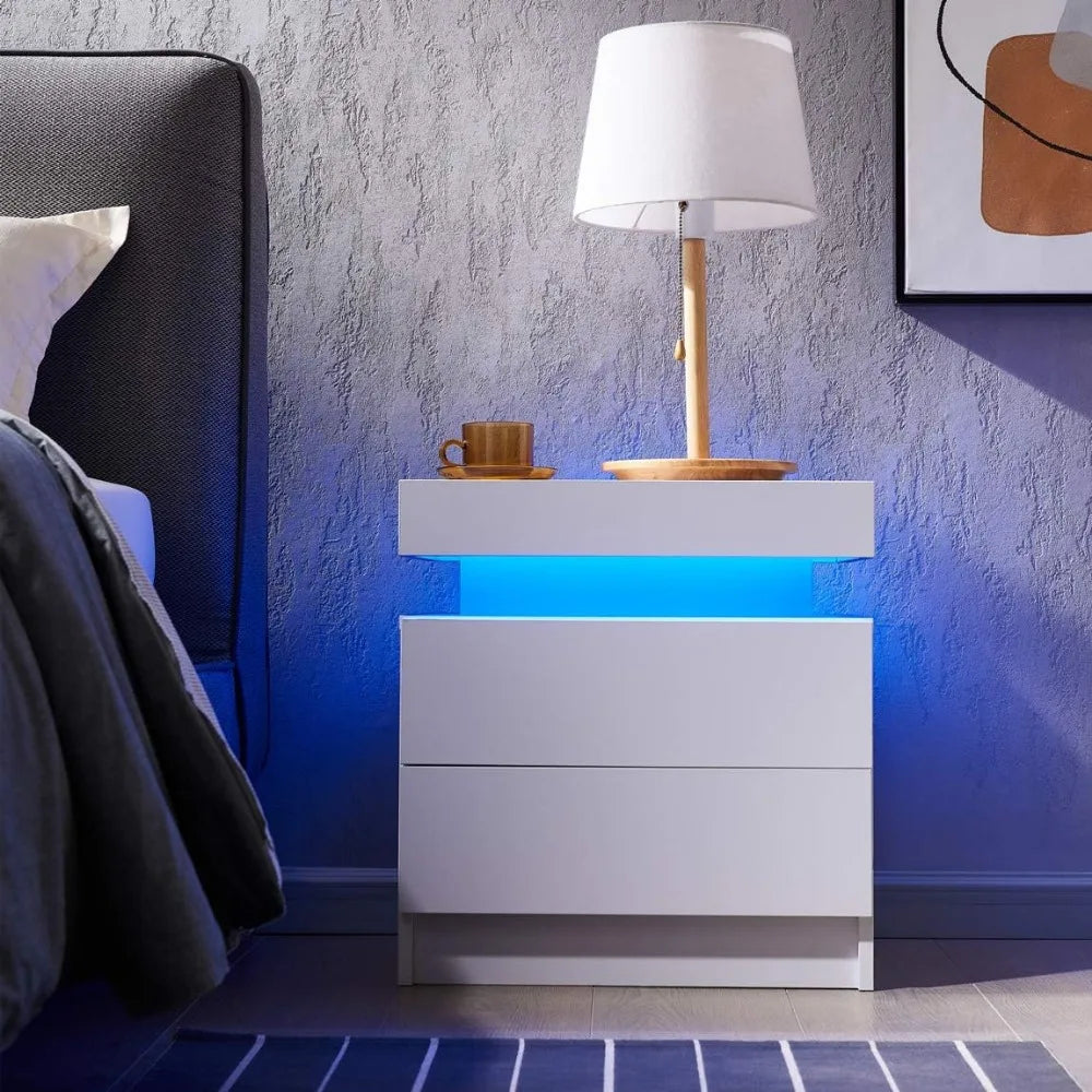 Nightstand Set of 2 LED Nightstand with 2 Drawers,Bedside Table with Drawers for Bedroom Furniture,Side Bed Table , White