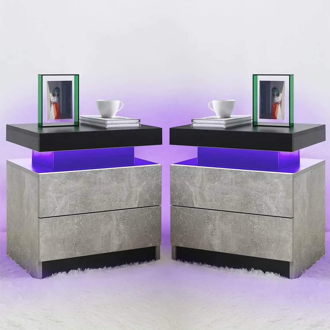 Nightstand Set of 2 LED Nightstand with 2 Drawers,Bedside Table with Drawers for Bedroom Furniture,Side Bed Table , White