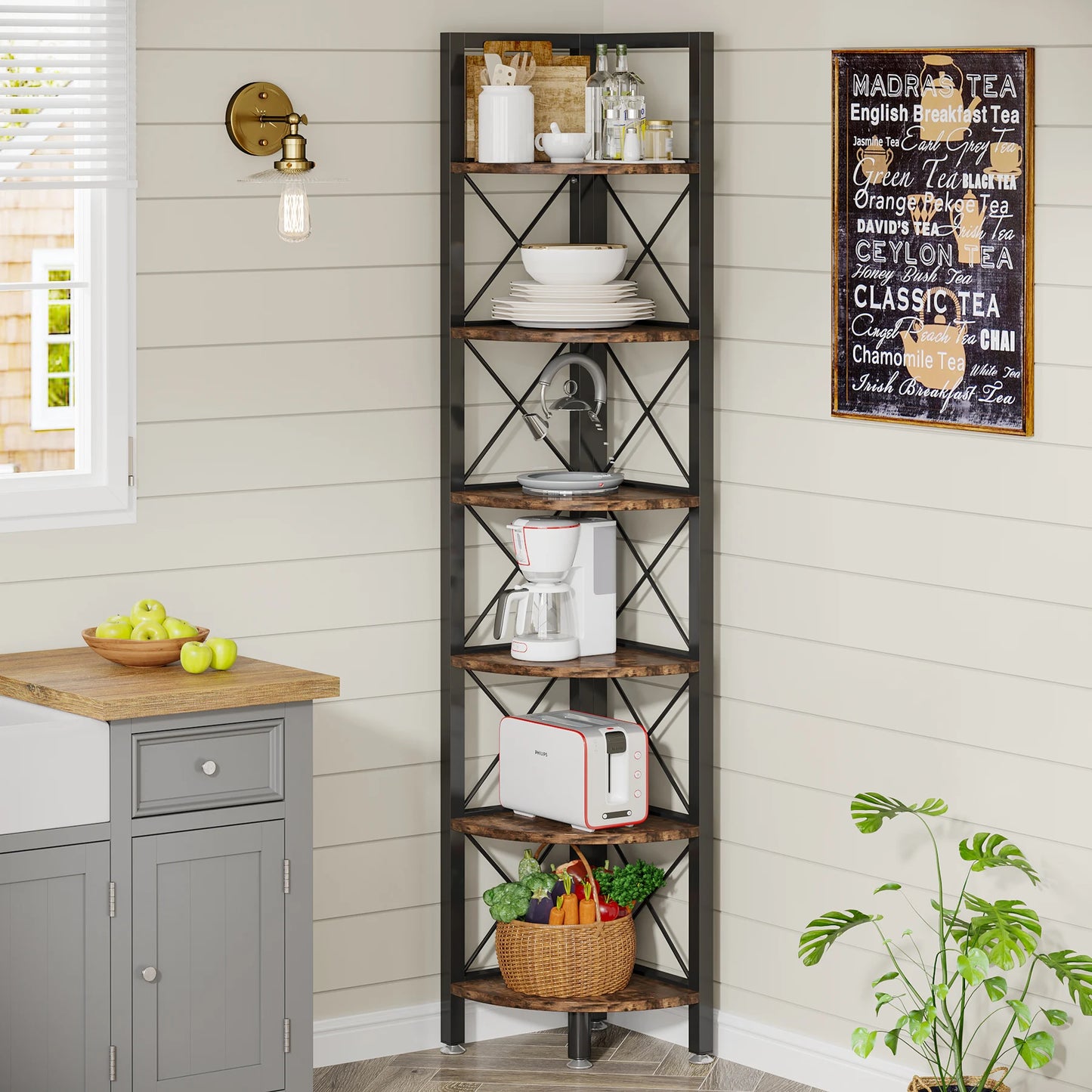 Tribesigns 6 Tier Corner Shelf, Rustic Corner Bookshelf Small Bookcase Corner Storage Rack Plant Stand for Living Room