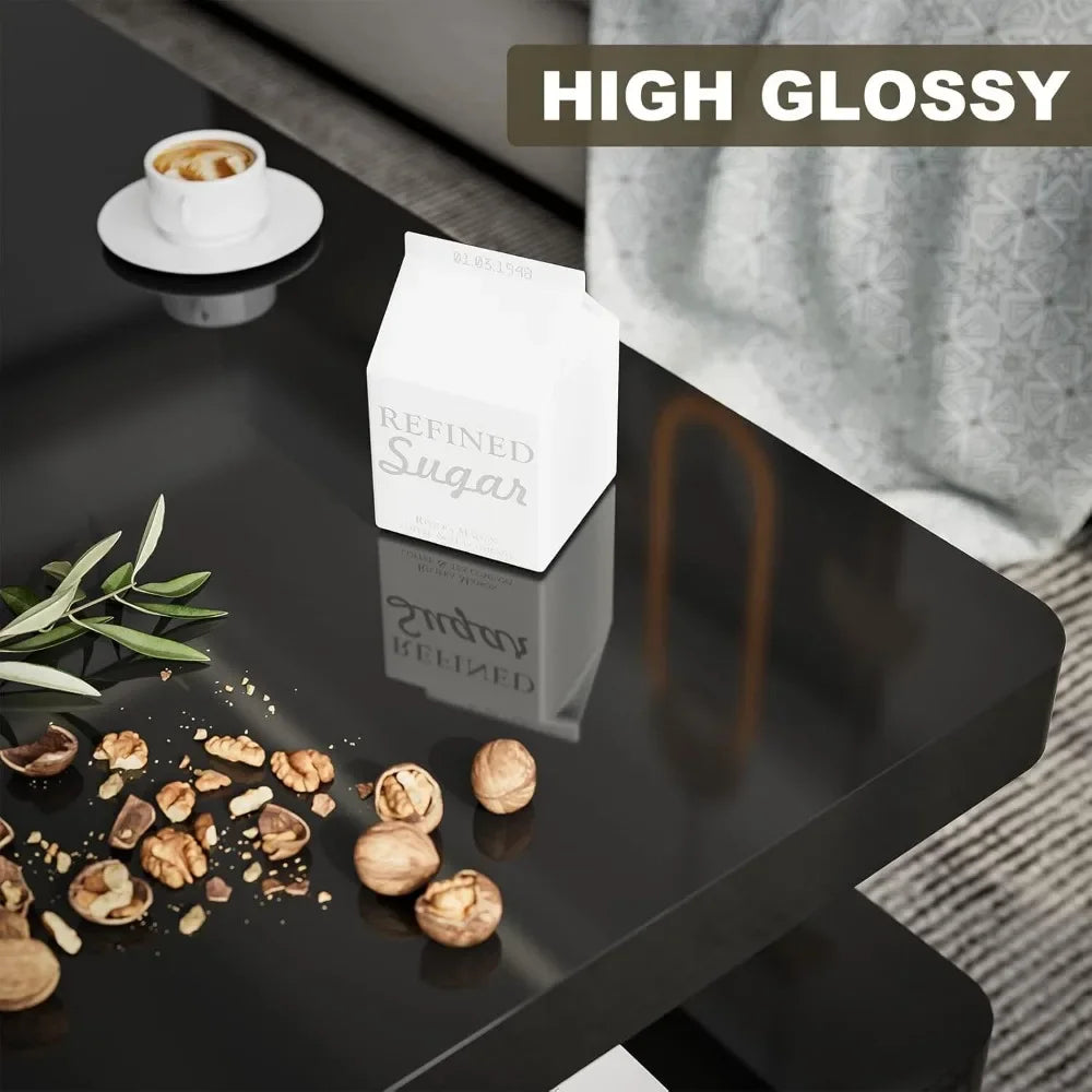 LED High Glossy Coffee Table, Modern Coffee Table for Living Room,2 Tiers Rectangle Design Table with 16 Colors LED Lights Black