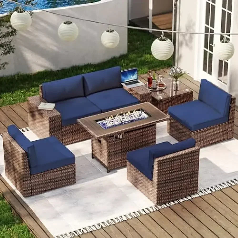 Outdoor Patio Furniture 7 Piec Set with 44” Fire Pit Table & Include Waterproof Cover with Cushions, Outdoor Furniture Set